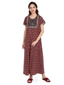 evolove - Brown Printed Round Neck Half Sleeves Nightdress