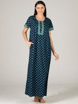 evolove - Blue Printed Round Neck Half Sleeves Nightdress