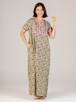 evolove - Green Printed Round Neck Half Sleeves Nightdress