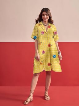 InWeave - Yellow Check Floral Collar Dress