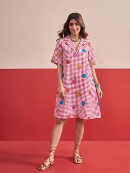 InWeave - Pink Check Floral Collar Dress