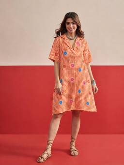 InWeave - Orange Check Floral Collar Dress