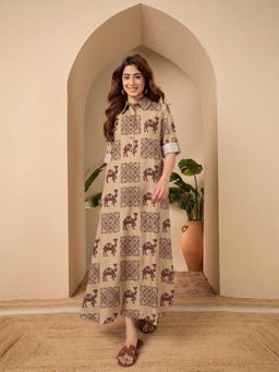 InWeave - Dark Beige Camel Shirt Collar Long Dress