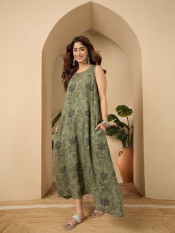 InWeave - Moss Green Lotus Round Neck Long Dress