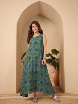 InWeave - Dusty Teal Lotus Round Neck Long Dress