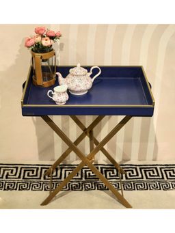 CasaGold - Ink Blue Foldable Leather Tray Table with Metal Stand