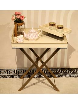CasaGold - Croco Cream Foldable Leather Butler Tray Table & Serving Tray with Metal Stand