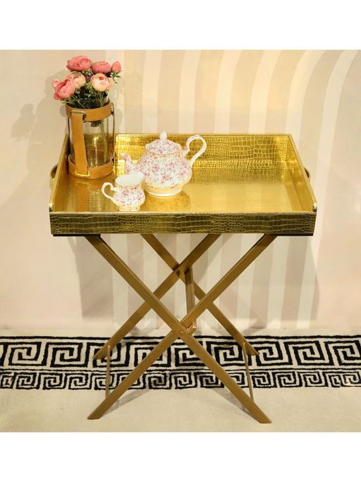 CasaGold Gold Foldable Leather Butler Tray Table with Metal Stand