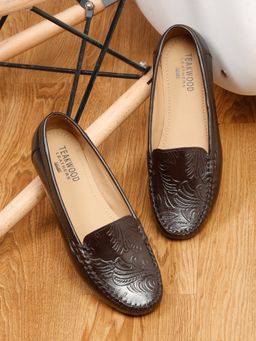 Teakwood - Women Brown Leathers Black Slip-On Loafers