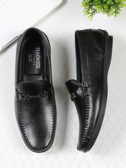 Teakwood - Men Black Leather Solid Loafers