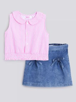 Hopscotch - Pink Smocked Top and Denim Skirt (Set of 2)