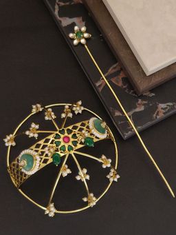 Abdesigns - Gold Plated Kundan Kemp Stone Studded Floral Juda Accessories