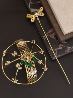 Abdesigns - Gold Plated Kundan Kemp Stone Studded Floral Juda Accessories