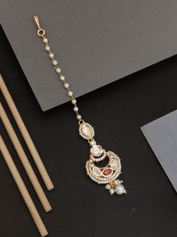 Abdesigns - Gold Plated Half Moon Red Stone Maangtikka