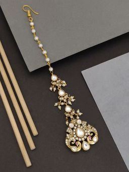 Abdesigns - Stylish Gold Plated Pink and White Stone Polki Maangtikka