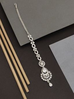 Abdesigns - Stylish Silver Plated White American Diamond Maangtikka