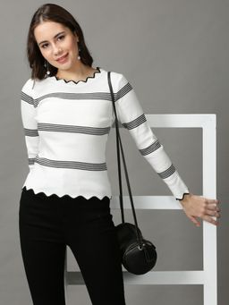SHOWOFFFF - Womens Round Neck Self Design White Regular Top