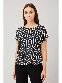 NOBARR - Black Printed Regular Fit Top Black and White Polyester Stretch Top