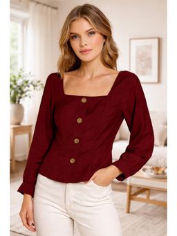NOBARR - Maroon Rayon Blend Square Neck Button Front Top