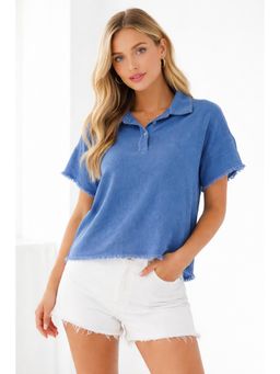 NOBARR - Blue Cotton Polo Neck Top Short Sleeve T-Shirt