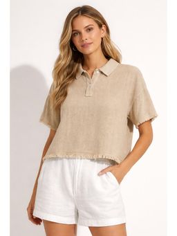 NOBARR - Beige Cotton Polo Neck Top Short Sleeve T-Shirt