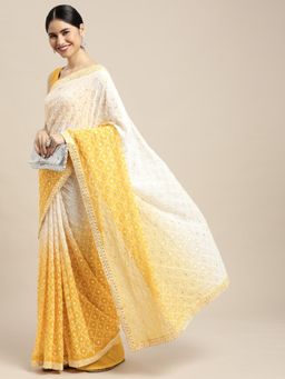 Vastranand - Yellow & White Embellished Sequinned Saree with Unstitched Blouse