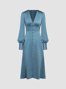 Cider - Solid Woven V-neck Buckle Up Maxi Dress