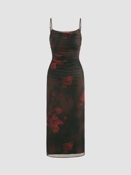 Cider - Floral Ruched Mesh Maxi Dress