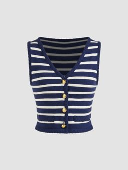 Cider - Knit V-neck Striped Button Crop Vest
