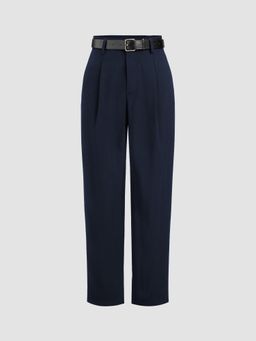 Cider - High Rise Solid Pocket Cropped Tapered Trousers With Belt