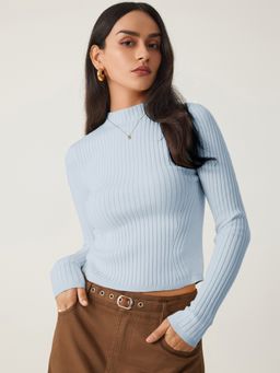 Cider - Rib Knit Stand Neck Solid Long Sleeve Top