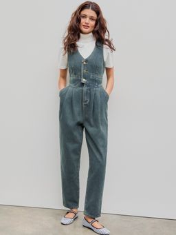 Cider - Denim V-neck Belted Straight Leg Jumpsuit