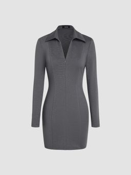 Cider - Knit Fabric Collar Solid Zipper Mini Dress