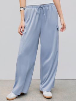 Cider - Satin Mid Waist Solid Cargo Drawstring Wide Leg Trousers