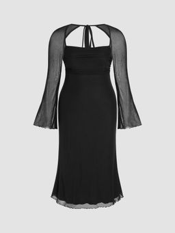 Cider - Mesh Square Neck Solid Drawstring Maxi Dress Curve & Plus