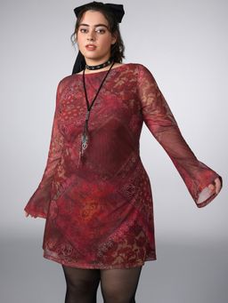 Cider - Mesh Round Neck Retro Aztec Mini Dress Curve & Plus