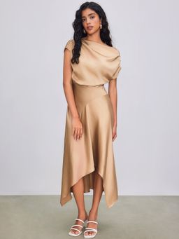 Cider - Asymmetrical Boat Neck Ruffle Maxi Dress