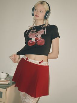Cider - Round Neck Bowknot & Cherry Graphic Crop Short Sleeve Tee