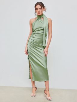 Cider - Satin Halter Solid Drawstring Ruched Split Midi Dress