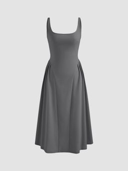 Cider - Woven Square Neck Solid Midi Dress