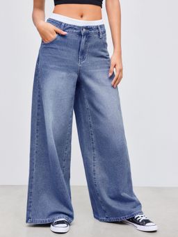 Cider - Denim Mid Rise Solid Wide Leg Jeans