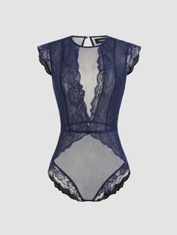 Cider - Lace Round Neckline Solid Cut Out See-through Bodysuit
