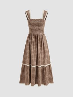 Cider - Square Neck Shirred Gingham Maxi Dress