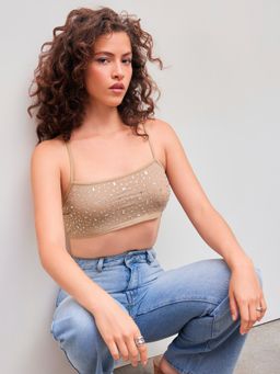 Cider - Mesh U-neckline Rhinestone Criss Cross Crop Cami Top