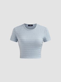 Cider - Cotton-blend Round Neckline Solid Texture Crop Short Sleeve Tee