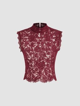 Cider - Lace Mandarin Collar Floral See-through Tank Top