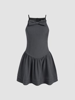Cider - Square Neck Solid Bowknot Ruffle Mini Dress