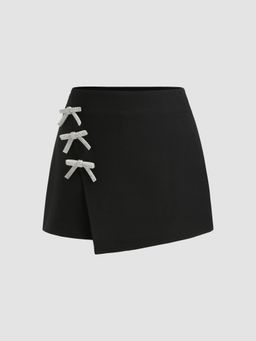 Cider - Mid Rise Wrap Solid Bowknot Mini Skirt
