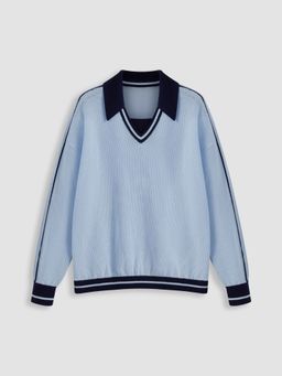 Cider - Knit Polo Solid Contrasting Binding Long Sleeve Top