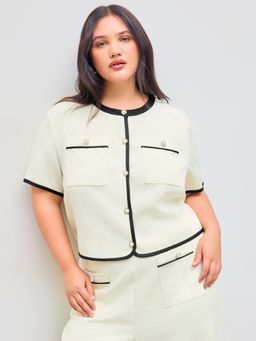 Cider - Round Neckline Contrasting Binding Pearl Button Short Sleeve Top Curve & Plus